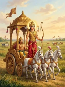 Durmukha stands resolute on a decorated war chariot holding a strung bow during the Kurukshetra war.