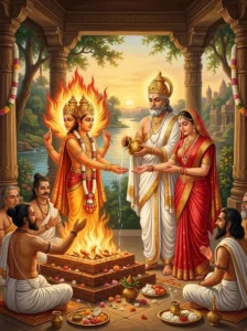 King Duryodhana of the Ikshvāku line gives his daughter Sudarśana in marriage to Agni at the sacrificial fire altar.