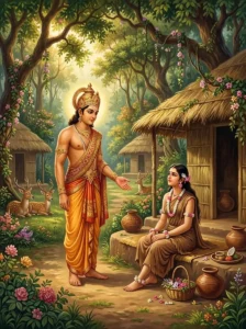 King Dushyanta greets Shakuntala with an open hand at the forest hermitage of Kanva Maharshi.