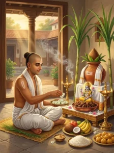 A devout householder performing the Dvadashi vrata ritual before an altar dedicated to Vishṇu