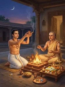 A householder and an officiating priest performing the Caitra Dvitiya vrata ritual at twilight
