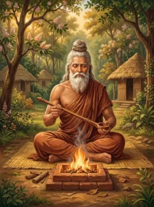 Blind hermit-king Dyumatsena offers oblations at a sacred fire in his forest retreat.
