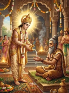 King Dyutimanta pours sanctified water to gift his entire kingdom to the sage Richika.