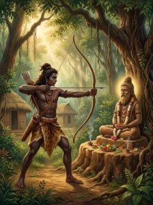 Ekalavya focuses intently while practicing archery before a clay statue of Droṇa in a forest.