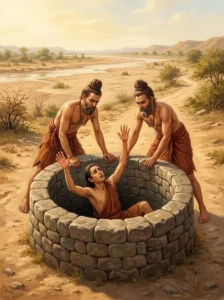 The sage brothers Ekata and Dvita shove their younger brother Trita into a stone well near the Sarasvati River.