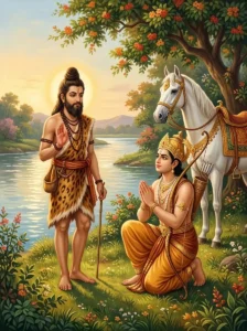 Prince Ekavira receives the sacred mantra from sage Dattatreya on a serene riverbank.