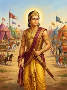 Gada, the younger brother of Kṛshṇa, stands as a warrior prince in the Vrishṇi military camp.