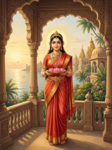 Queen Gāndhārī stands gracefully beneath palace arches in Dvaraka, holding a golden tray of offerings overlooking the sea.