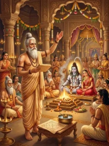 Sage Garga Jyotishi proclaims the wedding muhurta for Śiva and Pārvatī before assembled devas and sages.