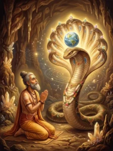 Sage Gargācārya kneels in reverence before the cosmic serpent Śesha, who reveals the science of astronomy.