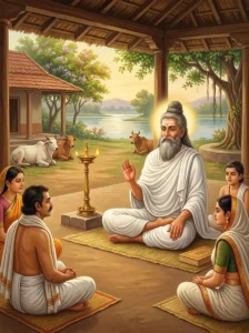 Gārgya Ṛshi sits on a woven mat, raising his hand in instruction as he teaches sacred household dharma.
