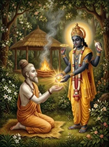 The ascetic sage Gauramukha kneels reverently as four-armed Vishṇu bestows the luminous cintamaṇi gem upon him at Naimiśa.