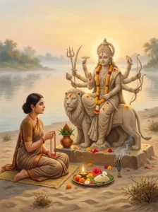 A devout young woman performing the Gauri Margashira Vrata before a ten-armed sand mūrti of Durga on a riverbank