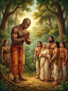 Ghaṭotkaca stands respectfully before Queen Kunti and the Pāṇḍavas in the forest.