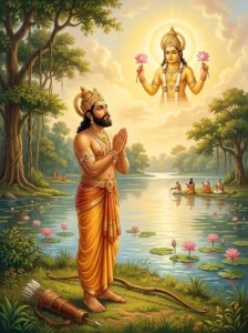 King Ghosha with restored hands offers anjali mudra to the radiant sun god Sūrya by a sacred lake.