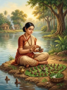 Ghushma seated by a lake in morning sunlight, reverently shaping small clay Śiva lingas with bilva leaves.