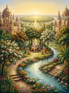 Kṛshṇa and Rādhā seated on a jewelled throne in the supreme spiritual realm of Goloka.