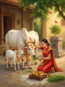 A devout woman performing the Govatsa Dvadasi rite, worshipping a sacred cow and her young calf with ritual offerings