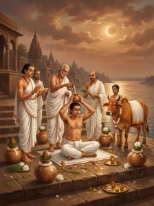 A householder performs the Grahaṇa Snana ritual on a sacred river ghat during an eclipse, attended by four priests