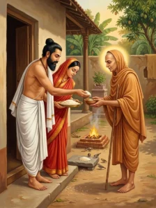 A householder and his wife offer food to an ascetic guest at the threshold during Gṛhasthāśrama.