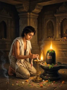 Guṇanidhi kneels on a stone floor, rekindling an oil lamp before a sacred Śiva liṅga adorned with bilva leaves.