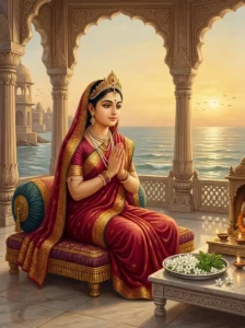 Queen Haimavati sits serenely in a Dvaraka pavilion, offering prayers with joined hands.