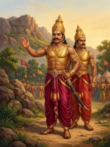 Daitya King Haṃsa stands in regal armor with his brother Dimbhaka near Govardhana hill.