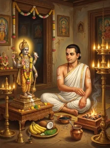 A devout householder performing the Hari-Panchaka vrata rites before an altar of Vishṇu and a sacred fire