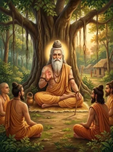 Hārīta Maharshi seated on a grass mat discourses on sannyasa to ochre-robed ascetics.