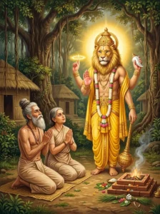The sage Hārita and his wife Lilavati kneel in devotion before the radiant manifestation of Bhagavān Narasiṃha in their.