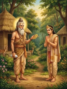 The elderly sage Hārita greets King Dilipa at his forest hermitage.