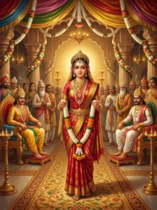 Princess Hema holding the marriage garland during her svayamvara in the illuminated palace pavilion.