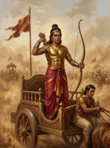 The Pāṇḍava warrior Hemamalin stands ready on his chariot, grasping his bow amidst drifting dust.