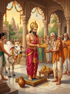 King Hemanga of the Ikshvaku dynasty generously donates gold and a garlanded cow to Brahmins.