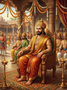 King Hemāṅgada of Kalinga sits calmly on a carved throne among assembled royal suitors in a grand pillared pavilion.