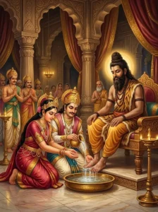 Queen Hemaprabhāvatī and King Sridhara wash the feet of sage Vyāsa in their royal court.