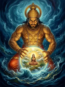 Hiraṇyāksha plunges Bhudevi and the Earth into the cosmic ocean in this puranic painting.