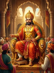 King Hiranyavarman of Dasharna sits majestically in his golden armour upon a lion-throne within his palace hall.