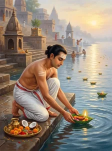 A devout householder offering lighted clay lamps and flowers onto a sacred river during dawn puja of a holy month
