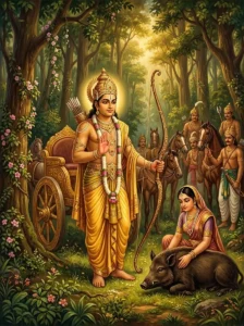 King Ikshvaku lowers his bow to spare a female boar in the forest as Queen Sudeva kneels calmly beside the animal.
