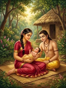 Iḷā, Budha, and their infant son Pururavas seated together in a peaceful hermitage clearing.