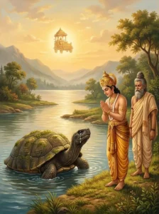 King Indradyumna and sage Mārkaṇḍeya meet the ancient tortoise Akupara at the lake in the Mahābhārata.