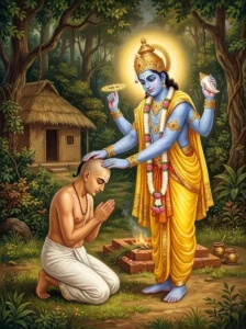 Indradyumna the Brāhmaṇa kneels in devotion as four-armed Vishṇu touches him to impart divine knowledge.