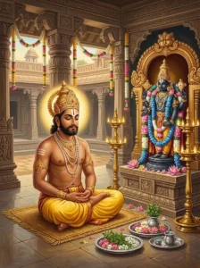 King Indradyumna sits in silent meditation and worship before a stone icon of Vishṇu.