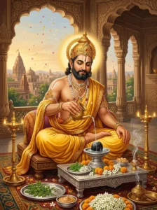 King Indrasena of Māhishmatī performs Indira Ekadashi worship of the Shalagrama stone with tulasī and sacred water.