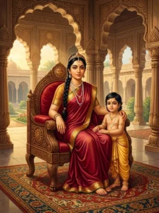 Queen Indrasena sits gracefully on a carved throne holding her young son Dama in the Solar dynasty court.