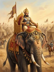 King Indravarma of Mālava seated in a golden howdah atop his gigantic war-elephant on a dusty battlefield.