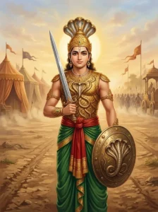 Iravanta stands ready for battle in serpent-scaled armor on the Kurukshetra field.