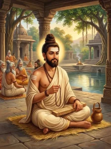 Jabalī, son of Ṛtadhvaja, sits upon a kusha-grass mat with rudraksha beads and palm-leaf manuscripts at Hatakeshvara.
