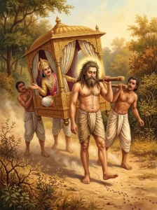 Jaḍabharata carries King Rahugana's palanquin, stepping carefully to avoid ants.